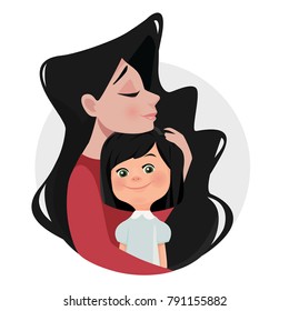 Mother hugs daughter.  Brunette. Cartoon style, flat vector illustration.