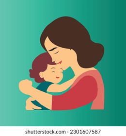 Mother hugs daughter flat character illustration