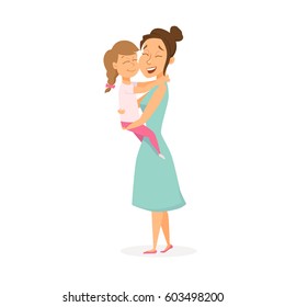 Mother hugs daughter. Mom holding her child on hands and embrace. Happy family. Smiling cute women and girl. Cartoon characters isolated on white