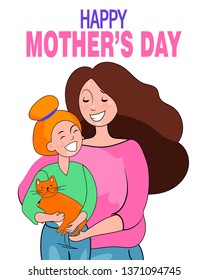 Mother hugs daughter. Mother's love. Mom's hug. Vector illustration. Card on Mother's Day.  Greeting card on holiday. Isolated illustration on white background