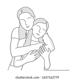 Mother hugs daughter. Older and younger sisters. Line drawing vector illustration.