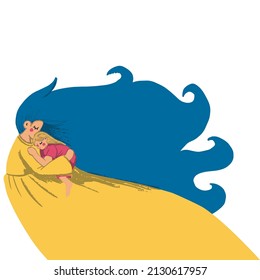 Mother hugs daughter. Ukrainian flag colors. Stop war, Protect children concept. Flat vector illustration of mental health