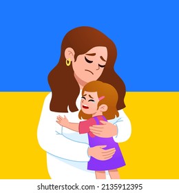 Mother hugs daughter. Ukrainian flag colors. Stop war, Protect children concept. Pray for peace Ukraine Vector flat illustration
