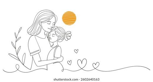 Mother hugs daughters line art style vector illustration, mothers day celebration illustration
