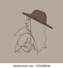 Mother hugs her baby. Fashionable woman in hat. Competitive family portrait. Continuous line. Linear glamour logo in minimal  for maternity hospital, obstetrics, products for pregnant and newborns.