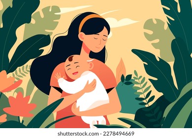 Mother hugs her baby on a background of plants and flowers, vector illustration