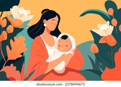 Mother hugs her baby on a background of plants and flowers, vector illustration