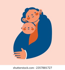 Mother hugs her child. Mom with nurseling on arms. Cute simple illustration in flat modern style. Motherhood, childhood, family relationship concept. Vector clip art for sticker, card, logo, banner.