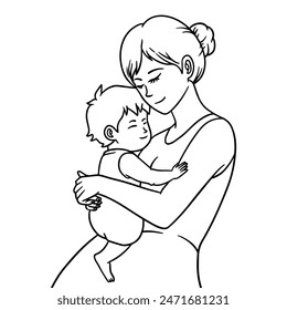 Mother hugs her child outline art illustration