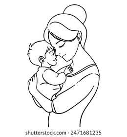 Mother hugs her child outline art illustration