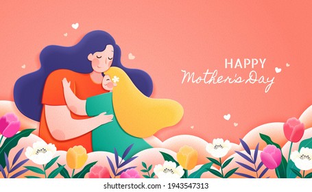 Mother hugs her child showing good motherhood    the girl relies comfortably her shoulder  Designed in flat style 