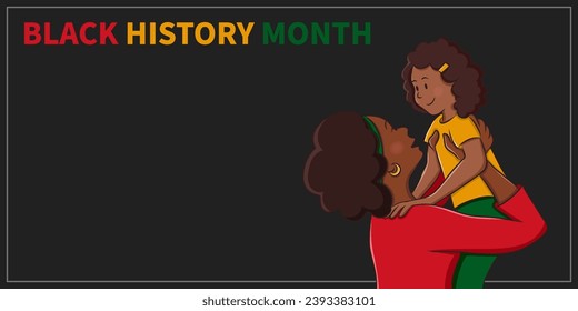 Mother hugs her daughter. Black history month vector illustration. Banner with copy space in black, brown, red, orange and green tones