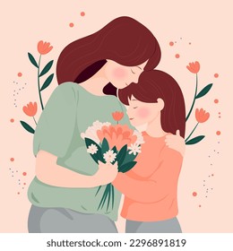 Mother hugs her little daughter that holds a bouquet of flowers