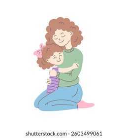 Mother Hugs Her Little Daughter. Happy Curly Haired Woman Loves Smile and Embrace her Child. Family Warmth hand drawn vector illustration