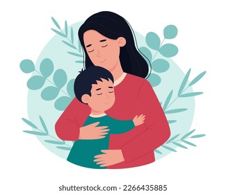 Mother hugs her son against a background of leaves. Mother's Day. Vector illustration