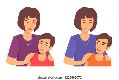 A mother hugs her son by the shoulders, looks at him with sadness, with joy. The family is upset, happy. Before and after. Vector colorful cartoon flat style illustration isolated on white background.