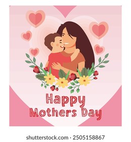 Mother hugs her son. Mother's day with floral decoration. Flat vector illustration.
