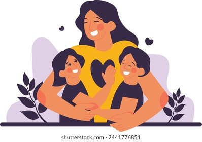 Mother hugs her two children