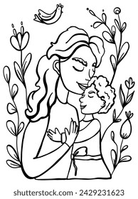 Mother hugs little child in hand drawn doodle style. Vector black and white illustration
