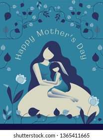 Mother hugs little daughter. Vector illustration.
Mother's day greeting card with monotone background.
