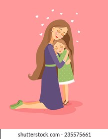 Mother hugs little daughter. Vector illustration about love.