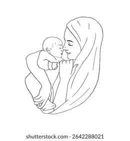 Mother hugs sleeping baby face to face. Mother holds child. Graphic vector illustration, line art. Motherhood to Mother's Day. For postcards, parenthood's articles, to print on children's products.