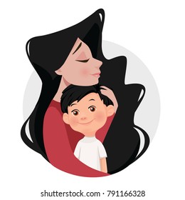 Mother hugs son. Cartoon style, flat vector illustration.