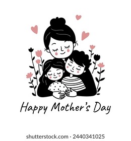 Mother hugs son and daughter. Mother's Day greeting card. Simple black and white doodle illustration. Template for greeting card, print, poster, sticker