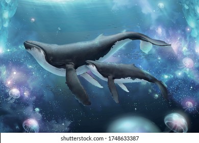 Mother humpback whale swimming with her calf in surreal nebula ocean, 3d illustration