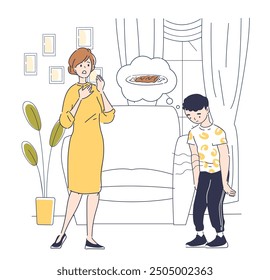 Mother with hungry child. Boy asks woman for meat. Toddler wants food and eating. Motherhood and childhood. Linear vector illustration isolated on white background