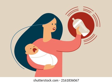 Mother with hungry crying little baby on her hands holding a feeding bottle with milk formula on the bottom. Baby formula crisis concept. Flat vector illustration
