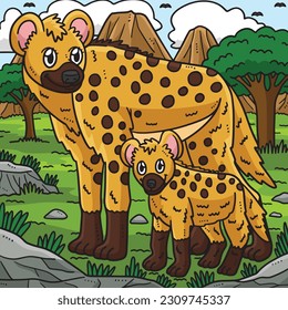 Mother Hyena and Baby Hyena Colored Cartoon 
