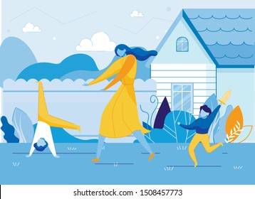 Mother with Hyperactive Children on House Backyard Flat Cartoon Vector Illustration. Parent Trying to Catch Kid Standing Uside Down. Son Running with Sword. Characters with Bad Behaviour Outdoor.