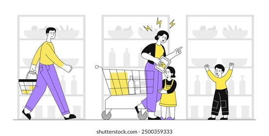 Madre con hijos hiperactivos. Mujer joven sufre de histeria de hijo e hija en la tienda. Mamá regaña a los niños traviesos y ruidosos. Ilustración vectorial lineal aislada sobre fondo blanco