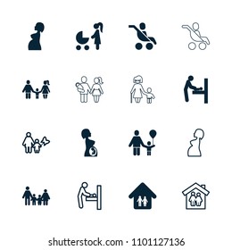 Mother icon. collection of 16 mother filled and outline icons such as baby changing room, family, woman with baby carriage. editable mother icons for web and mobile.