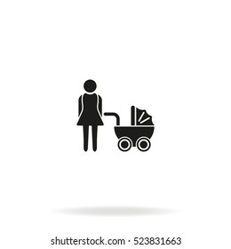 Mother icon. Motherhood image. Baby carriage icon.