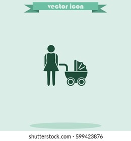 Mother icon. Motherhood image. Baby carriage icon.