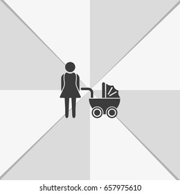 Mother icon. Motherhood image. Baby carriage icon.