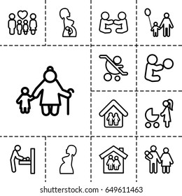 Mother icon. set of 13 outline mother icons such as baby changing room, family, pregnant woman, family home, father and son, family house, couple with newborn