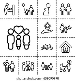 Mother icon. set of 13 outline mothericons such as baby changing room, family, pregnant woman, family home, house insurance, father and son, mother and son