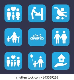 Mother icon. set of 9 filled mother icons such as baby changing room, family, house insurance, father and son, baby carriage, old woman and child