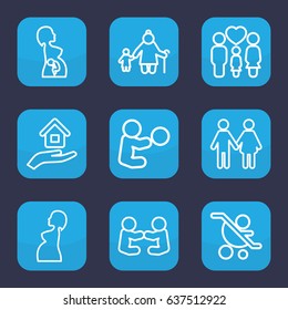 Mother icon. set of 9 outline mother icons such as family, pregnant woman, house insurance, baby carriage