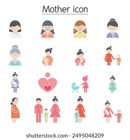 Mother icon set in flat color style