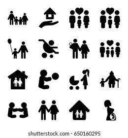 Mother icons set. set of 16 mother filled icons such as family, pregnant woman, family home, house insurance, father and son, family house, woman with baby carriage