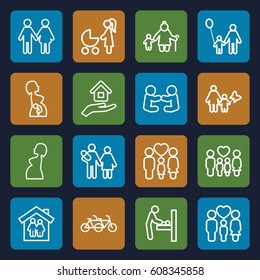 Mother icons set. set of 16 mother outline icons such as baby changing room, family, pregnant woman, house insurance, father and son, mother and son, family house