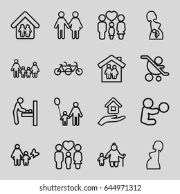 Mother icons set. set of 16 mother outline icons such as baby changing room, family, pregnant woman, family home, house insurance, father and son, mother and son