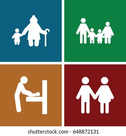 Mother icons set. set of 4 mother filled icons such as baby changing room, family