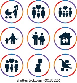 mother icons set. Set of 9 mother filled icons such as family, pregnant woman, family house, woman with baby carriage, couple with newborn, baby carriage