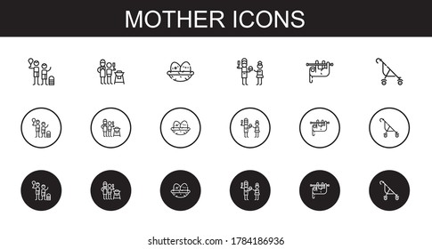 mother icons set. Collection of mother with family, father and son, nest, father, sloth, stroller. Editable and scalable mother icons.