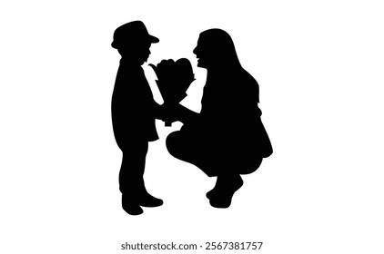 Mother and Infant Silhouette A Newborn's Comforting Black Embrace.Pregnant woman and child in silhouette against white background
